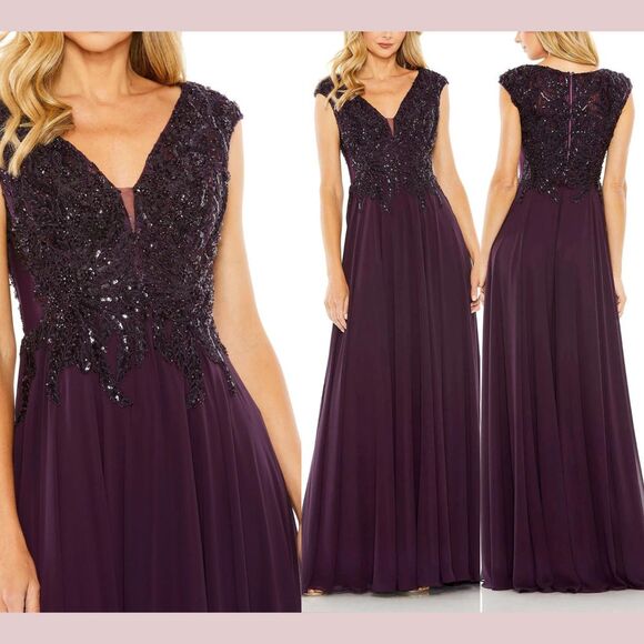 NWT Mac Duggal [ 16 ]‎ 20264 Appliquéd Cap Sleeve Bodice Flowy Gown Aubergine - Picture 1 of 15